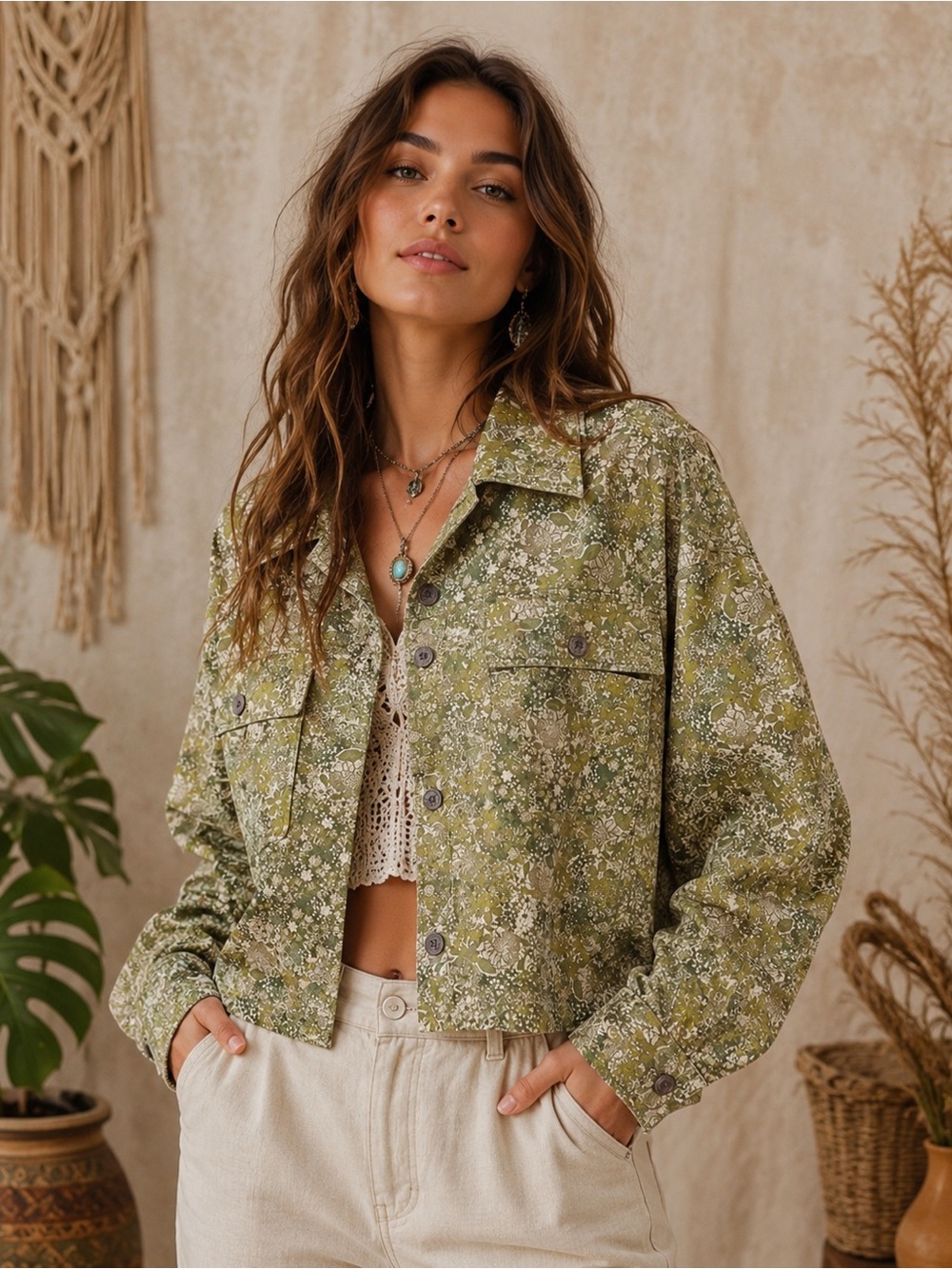 Wild Fable Cropped Canvas Surplus Shacket - Green Floral